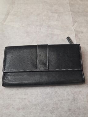 Coach Black Leather Slim Trifold Wallet with White Stitching
